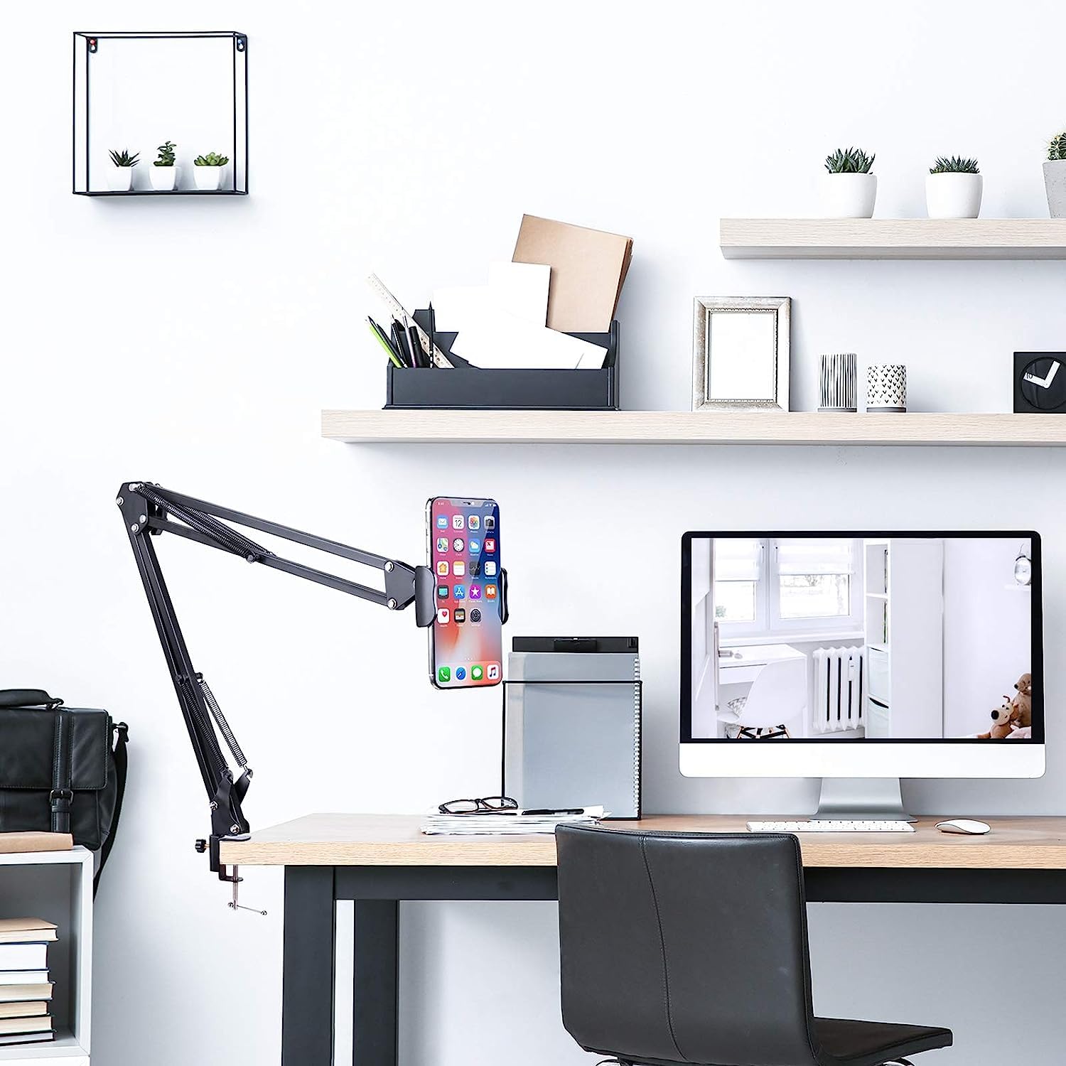 Sounce Lightweight Tabletop Stand Phone Holder, Metal Long Lazy Arm and Bracket for All Mobile for Video Recording, Streaming Video, Office, Compatible Upto 4-7 Inches [Black]