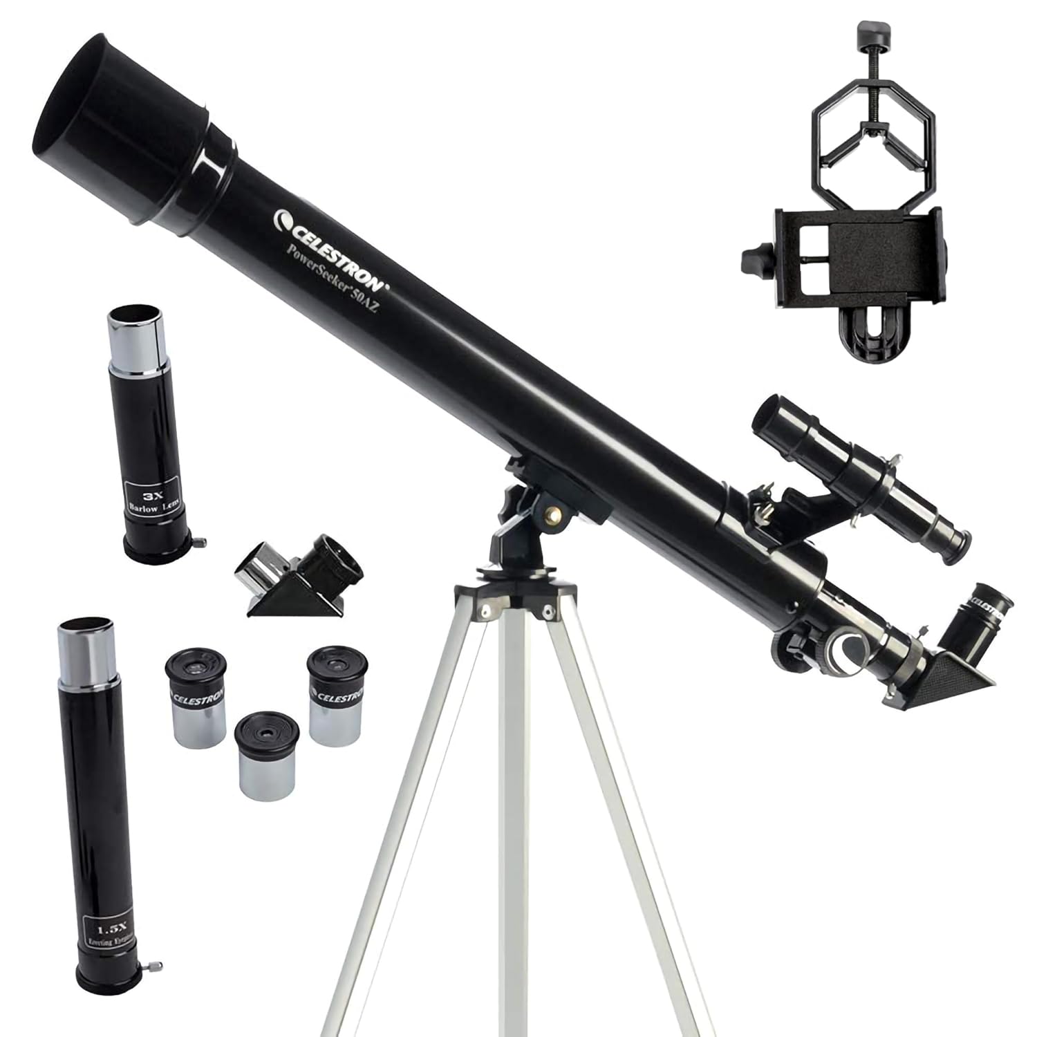 Celes-tron PowerSeeker 50AZ Telescope – Manual Alt-Azimuth Refractor Telescope for Beginners with Bonus Astronomy Software – Compact & Portable – 50mm Aperture