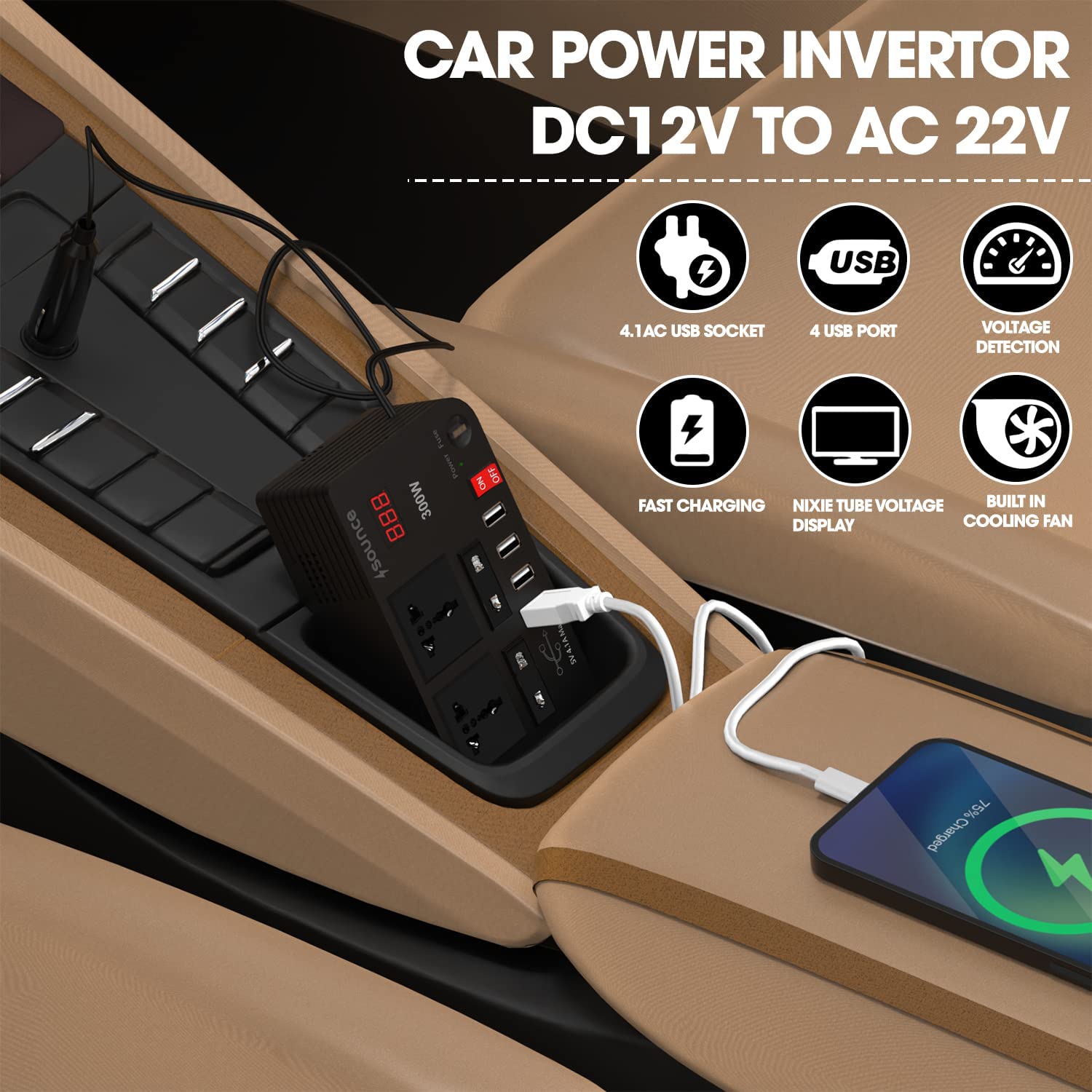 Sounce 300W Car Inverter Car Charging Adapter with Switch Car Charging Adapter with 4 USB Port, Outlet & Fuse DC 12V to 220V Car Inverter with LED Voltage Display (Black)