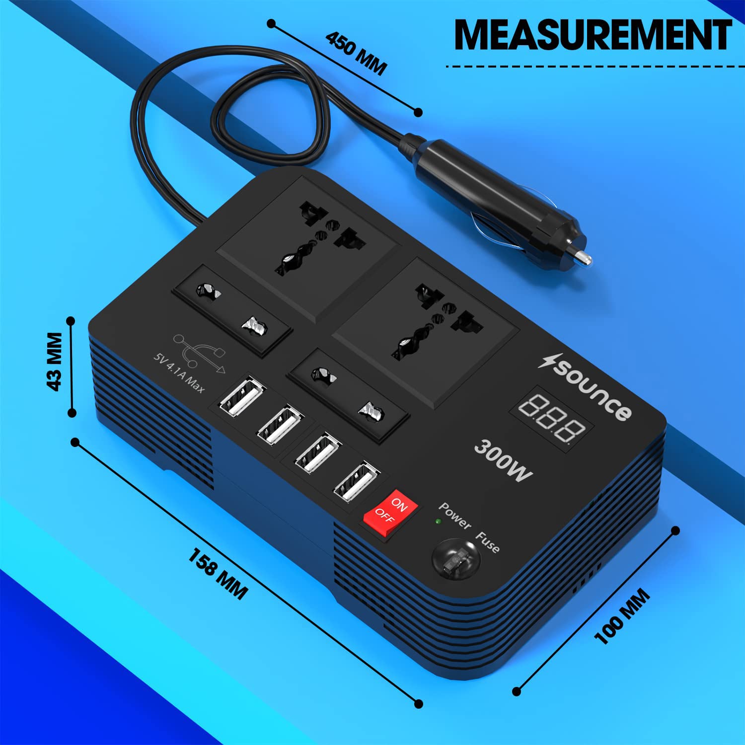 Sounce 300W Car Inverter Car Charging Adapter with Switch Car Charging Adapter with 4 USB Port, Outlet & Fuse DC 12V to 220V Car Inverter with LED Voltage Display (Black)