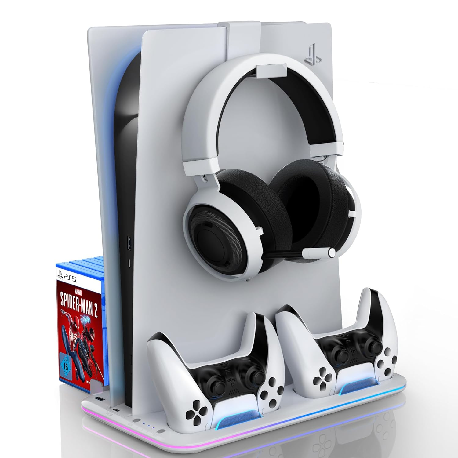 Sounce Glacier Pad RGB PS5 Cooling Stand with Dual Controller Charging Station Vertical Stand with 5200RPM Cooling Fan, RGB Lights Compatible with PS5 Disc/Pro/Digital/Slim Consoles (White)