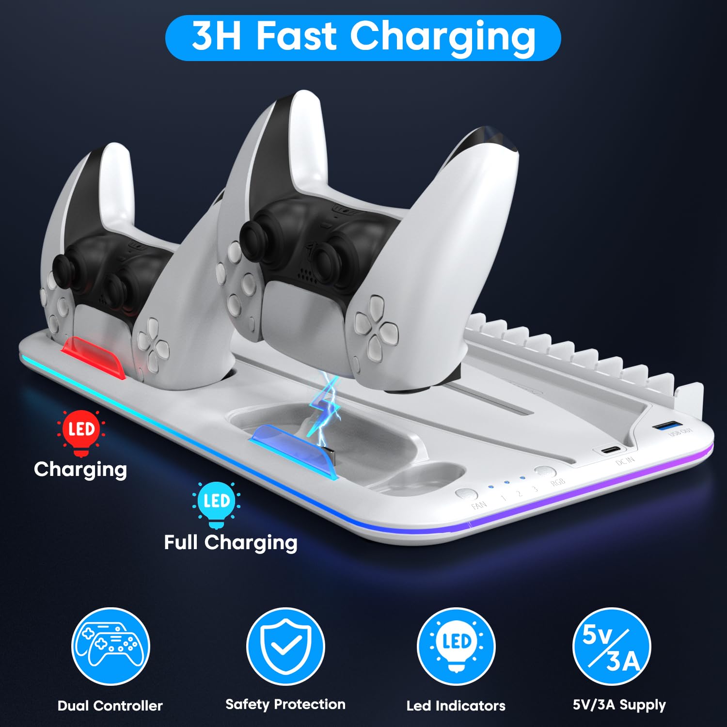 Sounce Glacier Pad RGB PS5 Cooling Stand with Dual Controller Charging Station Vertical Stand with 5200RPM Cooling Fan, RGB Lights Compatible with PS5 Disc/Pro/Digital/Slim Consoles (White)