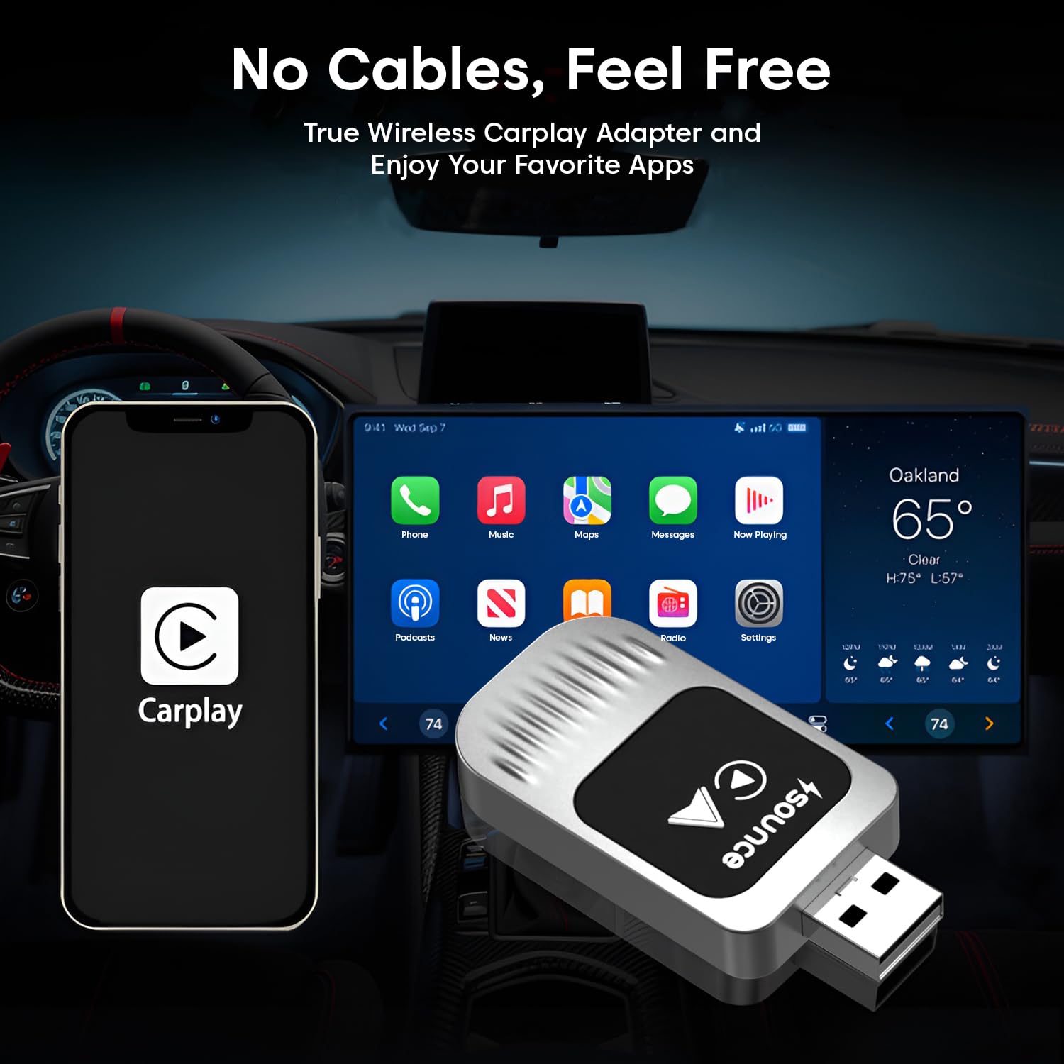 Sounce 2-in-1 Wireless Car Adapter – Converts OEM Wired Android Auto & Apple CarPlay to Wireless, Compact Plug-and-Play Bluetooth Receiver for Cars with Factory-Installed Wired CarPlay – Black