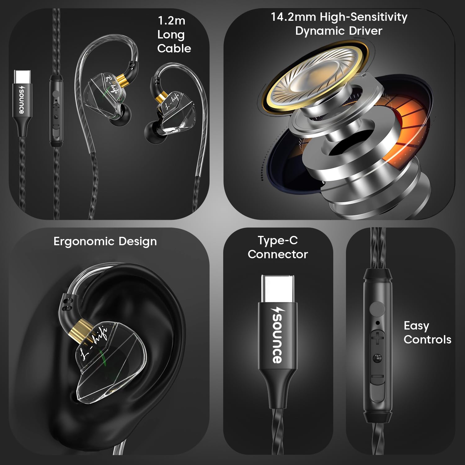 Sounce Type-C Wired IEM Earphones | 14.2mm Dynamic Drivers, HD Mic, Anti-Tangle 1.2m Cable & Ergonomic In-Ear Monitor Design (Black)