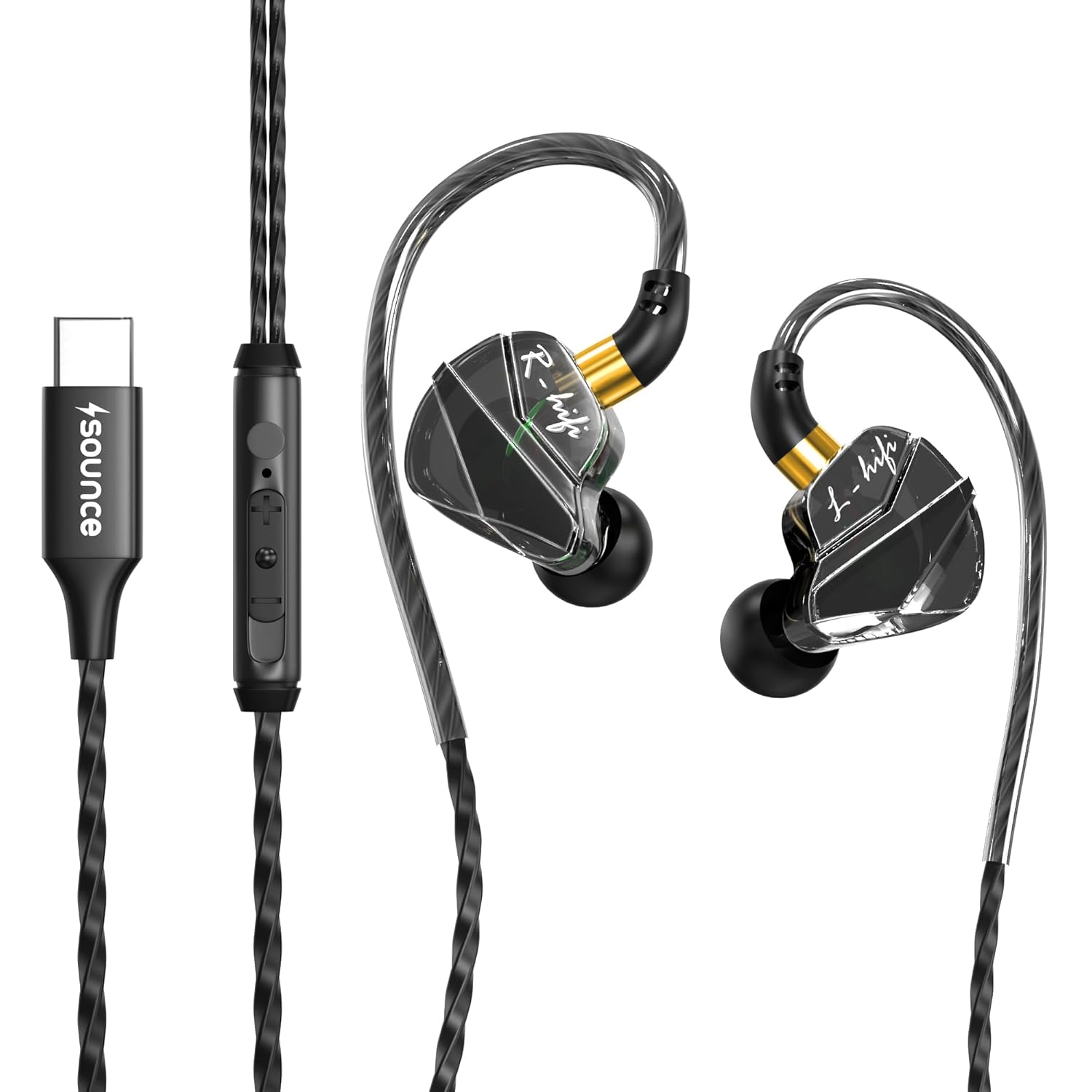 Sounce Type-C Wired IEM Earphones | 14.2mm Dynamic Drivers, HD Mic, Anti-Tangle 1.2m Cable & Ergonomic In-Ear Monitor Design (Black)