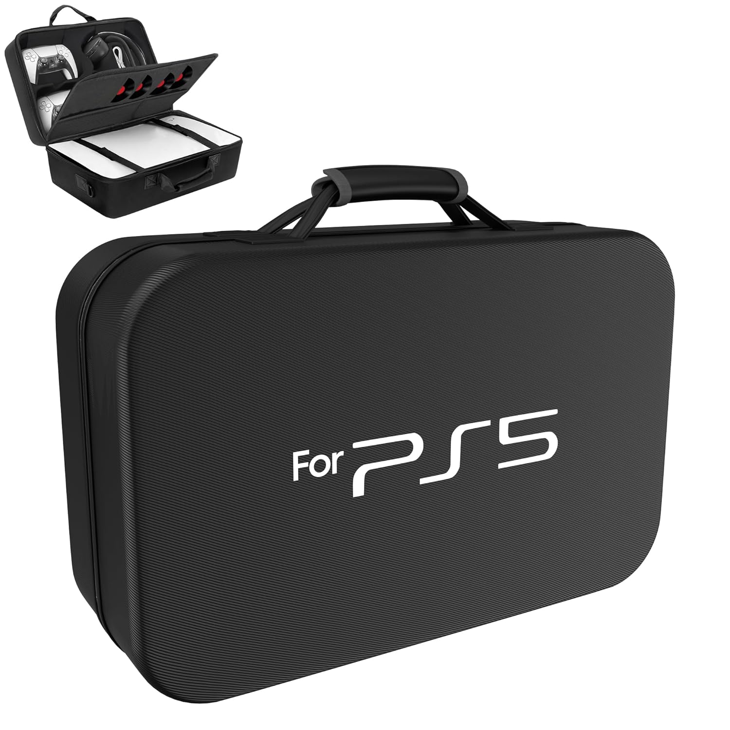 Sounce Premium Hard Shell Travel Briefcase for PS5 Console – Shockproof & Waterproof Carrying Case for PlayStation 5 with 2-Tier Storage, Shoulder Strap – Fits Console, Controllers Accessories – Black