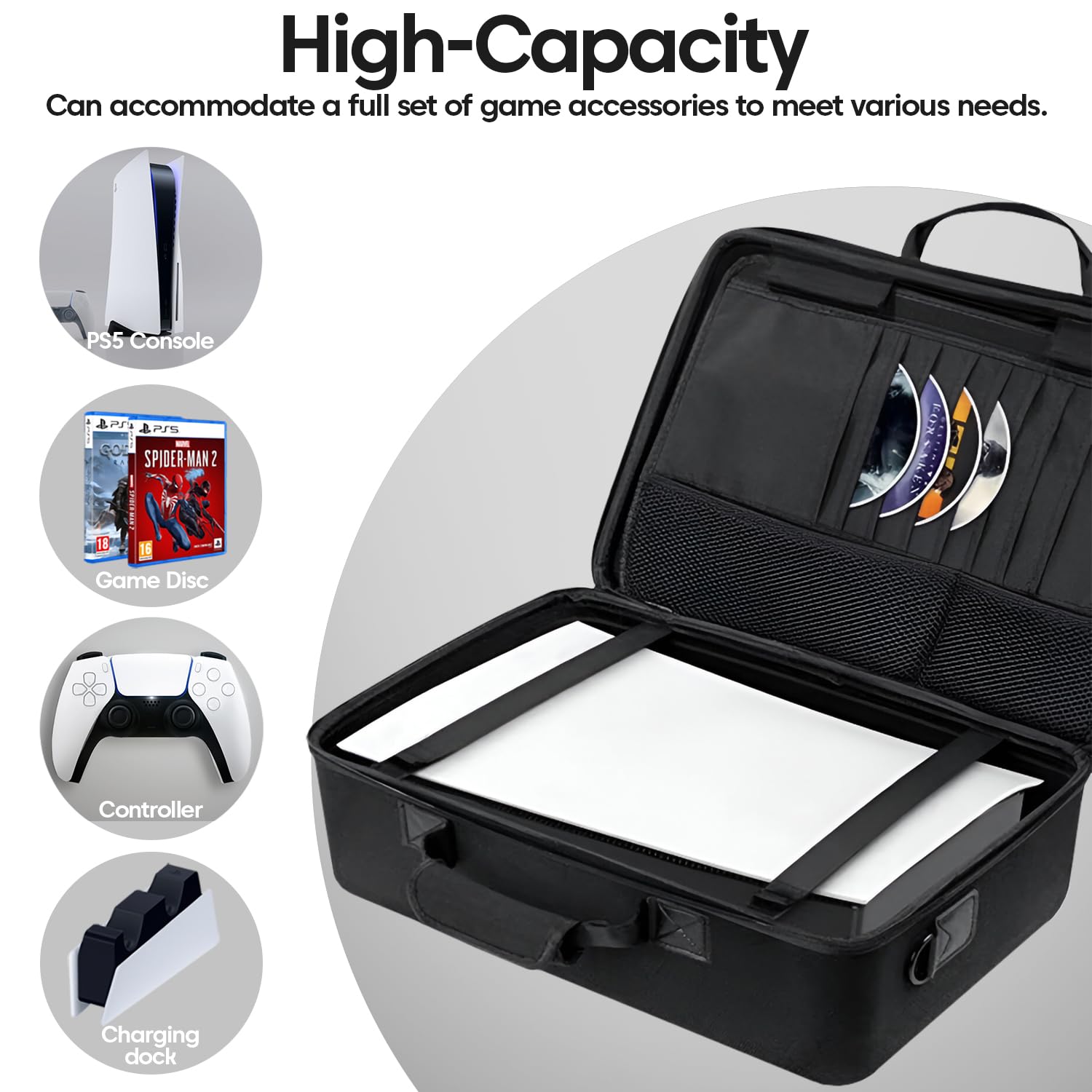 Sounce Premium Hard Shell Travel Briefcase for PS5 Console – Shockproof & Waterproof Carrying Case for PlayStation 5 with 2-Tier Storage, Shoulder Strap – Fits Console, Controllers Accessories – Black