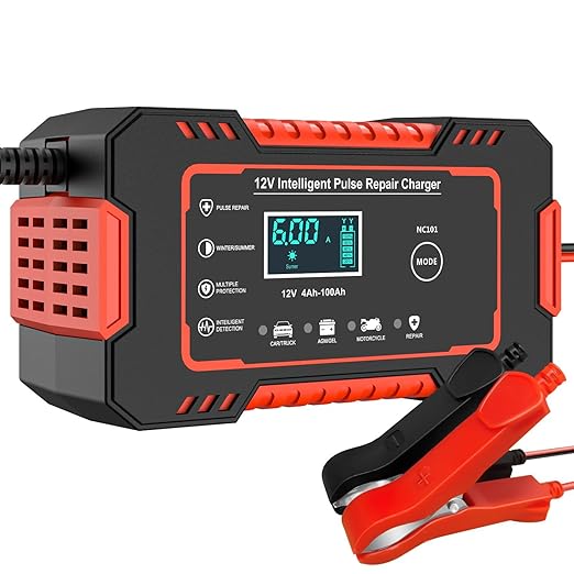 Sounce 12V 6A Smart Battery Charger and Maintainer for Vehicles, Features Trickle Charging, Desulfation, Temperature Compensation for Car, Motorcycle, Marine, and Lead-Acid Batteries – Red