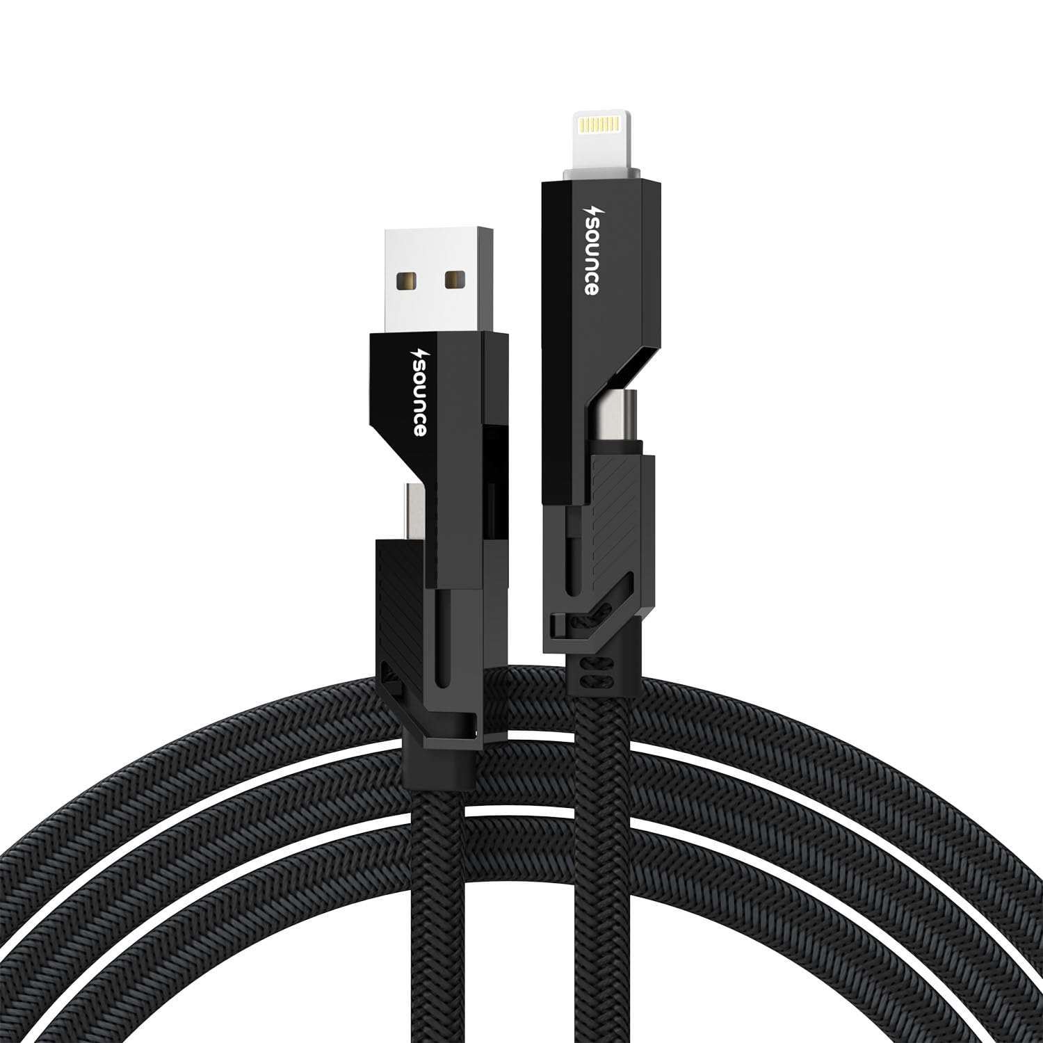Sounce 4 in 1 66W Fast Charging Cable, Metal Flat Braided Cord, USB C to Type C, USB A to C, USB C to Lightning, and USB A to Lightning Cable For iPhone, iPad, Smartphone and Other (1.5M) - Black