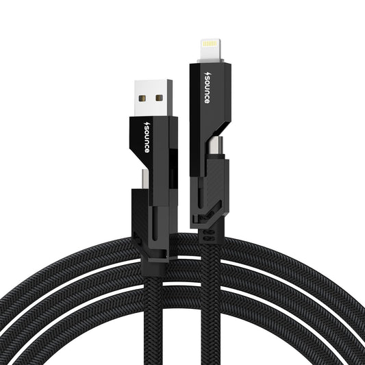 Sounce 4 in 1 66W Fast Charging Cable, Metal Flat Braided Cord, USB C to Type C, USB A to C, USB C to Lightning, and USB A to Lightning Cable For iPhone, iPad, Smartphone and Other (1.5M) - Black