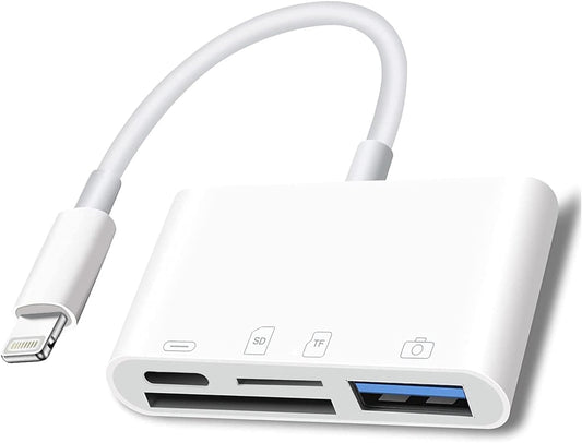 Sounce 4 in 1 Lightning to USB, SD TF Card Reader Adapter with Charging Port for iPhone, iPad, Dual Card Slot, Fast Charging & USB 3.0 OTG Connector Supports USB Flash Drive, Camera and More - White