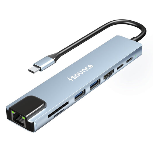 Sounce 8-in-1 USB-C Hub Dock | Premium Aluminum Type-C Adapter with 4K HDMI, 100Mbps Ethernet, USB 3.0, 100W PD Charging, TF/SD Card Reader | Universal for Mac & Windows USB-C Devices