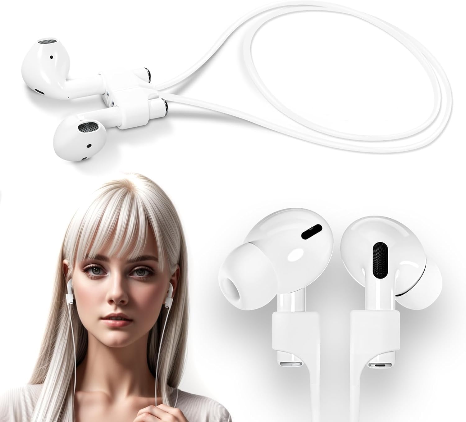 Sounce Anti-Lost Magnetic String Silicone Cable Strap for Apple Airpods 3rd Gen, Airpods 1 & 2, Airpods Pro Soft Neck Rope Cord - White