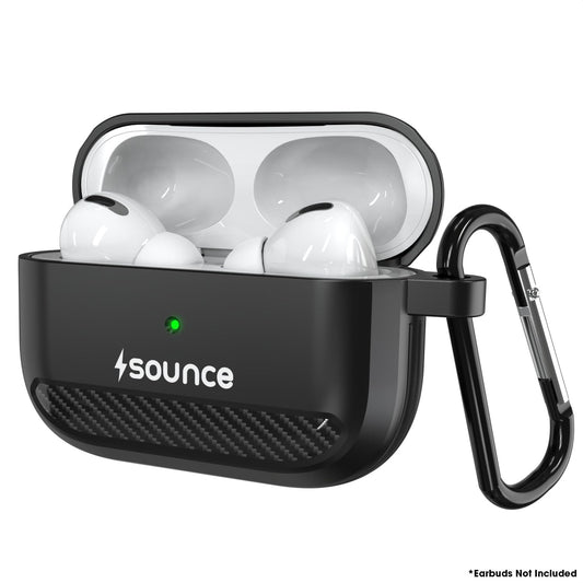 Sounce Carbon Fiber Tough Case Cover for Headphones Compatible with AirPods Pro Case Cover with Carabiner, Rugged Protective Cover, Scratch Resistant, Shock Armor Series [Carbon Black]