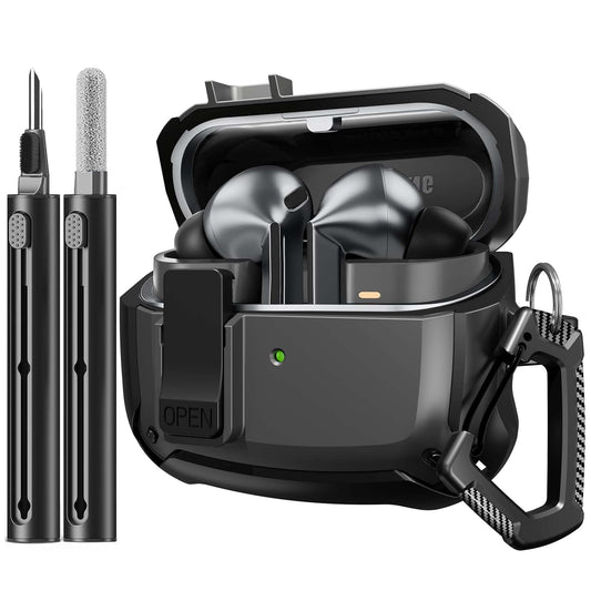 Sounce Case Cover for Samsung Galaxy Buds 3 Case and Galaxy Buds 3 Pro Case with Security Lock & 4-in-1 Cleaning Pen Combo with Keychain Tough Rugged Shockproof Hard Shell Protection Design - Black