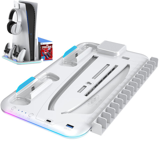 Sounce Dock5 RGB PS5 Cooling Stand with Dual Controller Charging Station – All-in-One Vertical Stand for PS5 Disc & Digital Edition with RGB Lighting, Headset Holder, 6 Game Slots (White)