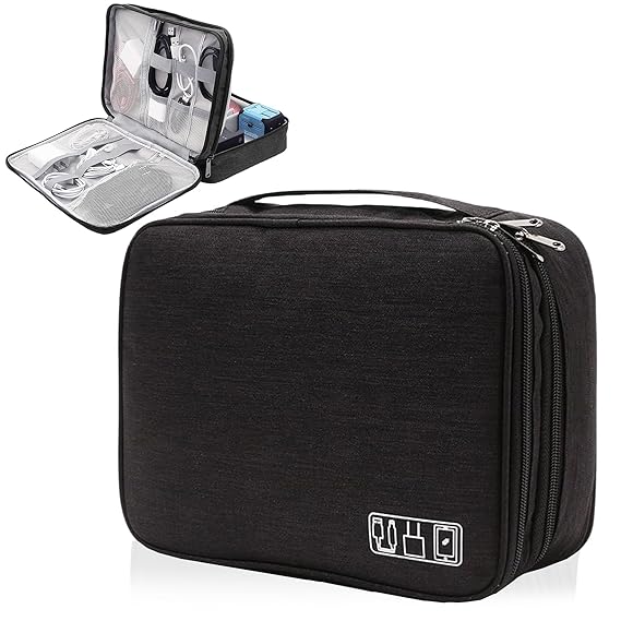 Sounce Double Layer Nylon Gadget Organizer Case – Electronic Accessories Storage Pouch for Cables, Chargers, Power Banks, Hard Disks & More – Travel Utility Bag – 27 x 20 x 9 cm