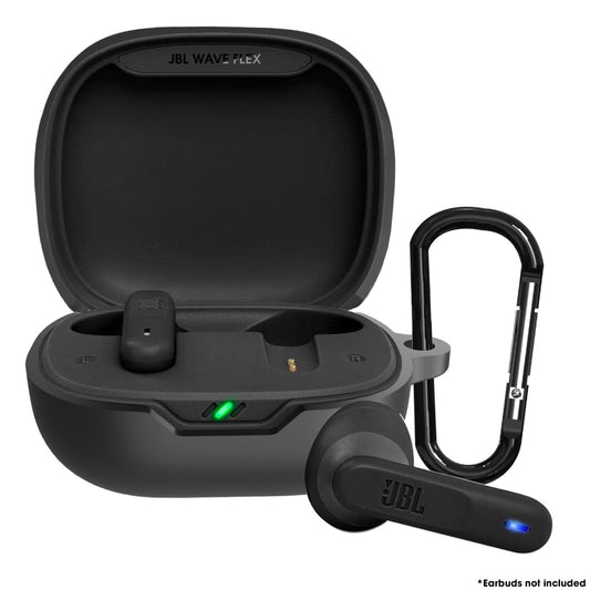Sounce Earphone Case Cover Compatible for JBL Wave Flex, Soft Silicone Skin Case Cover Shock-Absorbing Protective Case with Keychain [Front LED Visible] - Black