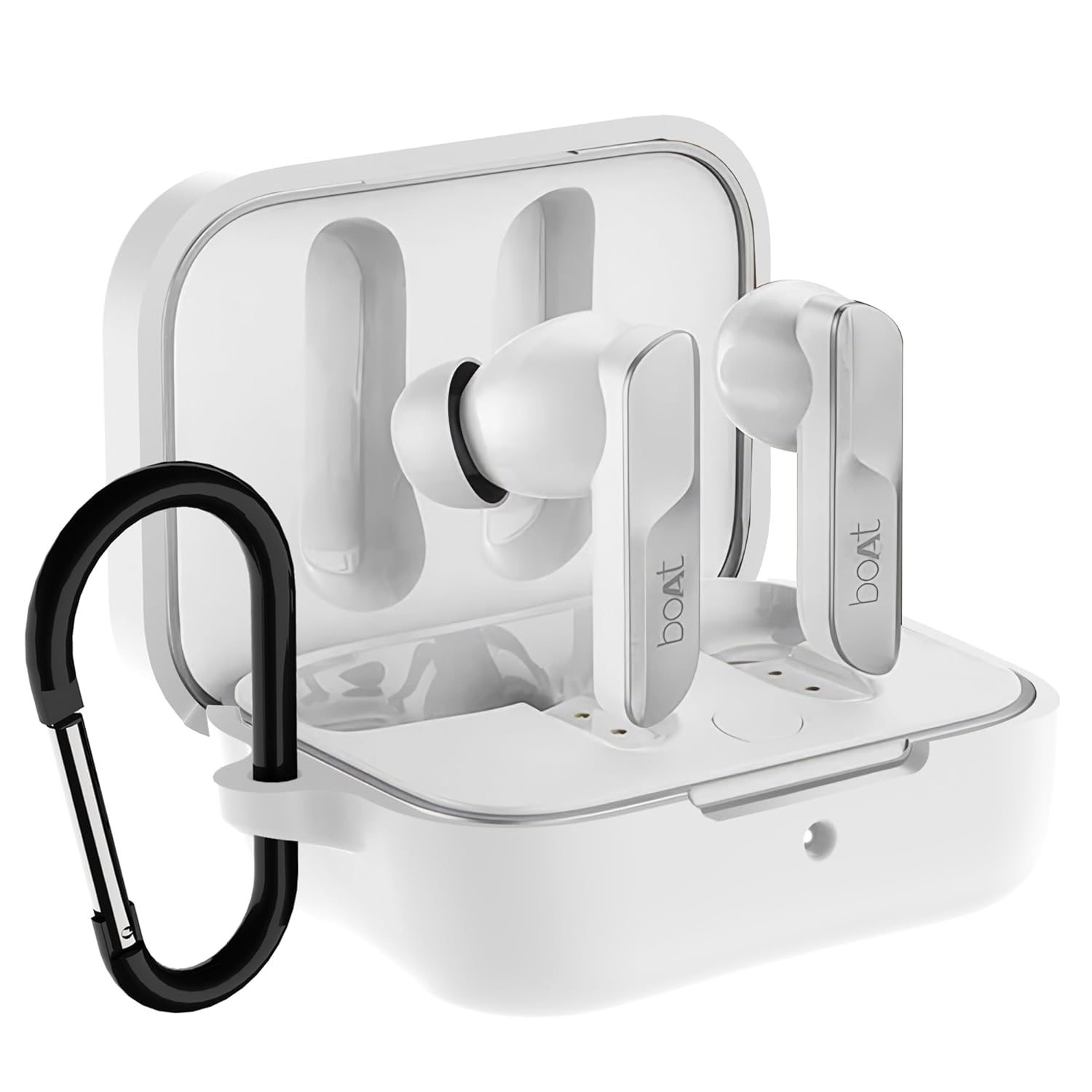 Sounce Earphone Case Cover for Boat Airdopes 800 TWS Soft Silicone Skin Case Cover Shock Absorbing Protective Case with Keychain [Front LED Visible] - White