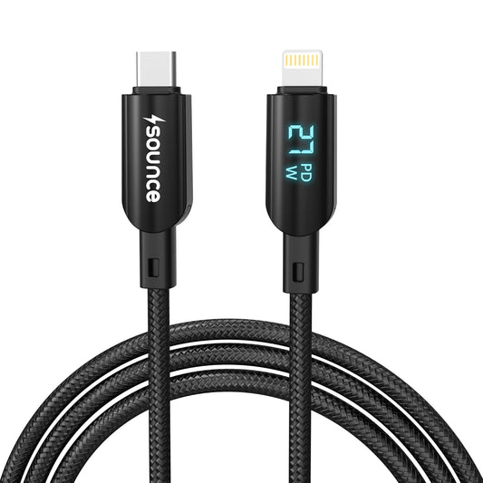 Sounce Konnect View 27W Type-C to Lightning Fast Charging Cable 3A PD Real-Time LED Display with Charging Status Nylon Braided 480Mbps Data Sync Compatible for All Lightning Devices 1.2M Length