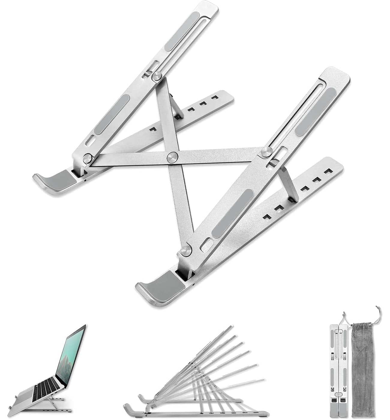 Sounce Laptop Stand, Fold-Up, Adjustable, Ventilated, Portable Laptop Holder for Desk, Aluminum Foldable Laptop Ergonomic Compatibility with up to 15.6-inch Laptop, All Mac, Tab, and Mobile (Silver)
