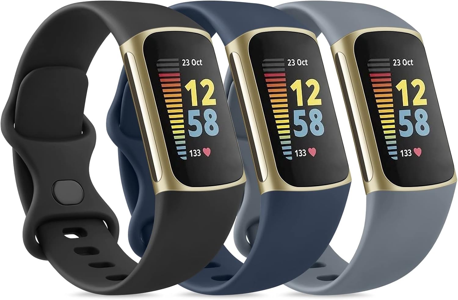 Sounce Pack of 3 Belts/Straps Compatible with Fitbit Charge 5 Wristband Straps (3 Units), Water Resistant Dust Proof Professional Fitting [Watch NOT Included] (Grey, Black, Navy Blue)