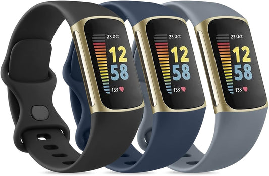 Sounce Pack of 3 Belts/Straps Compatible with Fitbit Charge 5 Wristband Straps (3 Units), Water Resistant Dust Proof Professional Fitting [Watch NOT Included] (Grey, Black, Navy Blue)