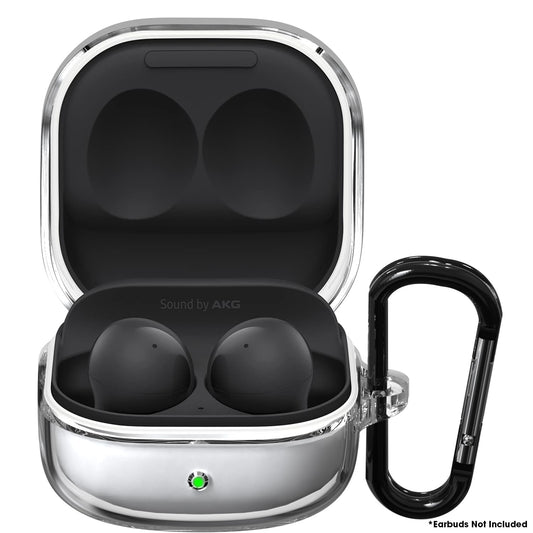 Sounce Portable Silicone Case Cover Scratch-Resistant, Non-Slip Grip, Carabiner Clip Compatible with Keychain for Samsung Galaxy Buds 2 Full Protection Case Cover Anti Fall Anti Dust (Transparent)