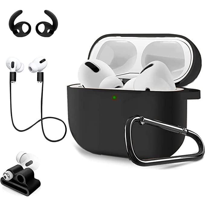 Sounce Premium Silicone Soft Case with Keychain Compatible for AirPods Pro, [5-in-1 Set Sleeve Skin Cover with Anti Lost Strap + Keychain + Earplug + Strap Holder] [AirPods Pro Not Included] [Black]