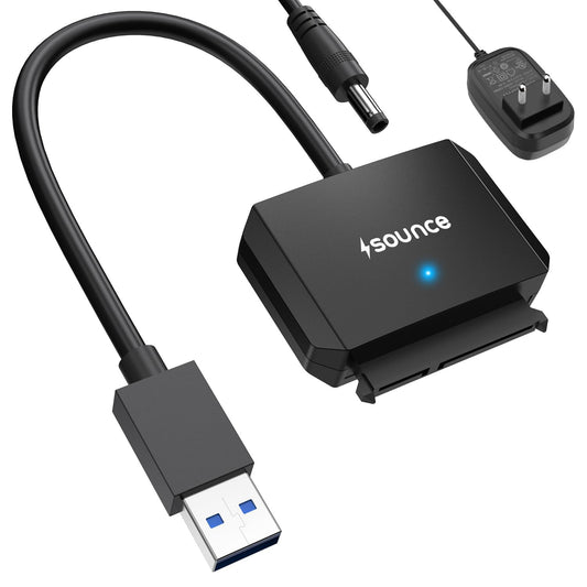 Sounce SATA Cable USB 3.0 to SATA III Hard Disk Connector for 3.5 2.5 inch SSD & HDD Hard Drive Disk and SATA Optical Drive with 12V 2A Power Adapter External Hard Disk Adapter Support UASP - Black