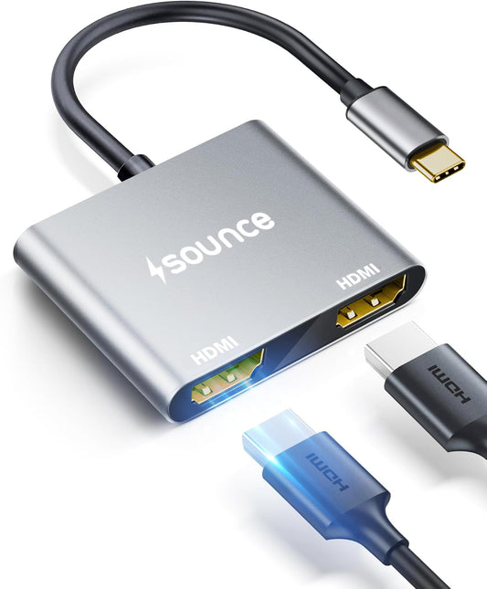 Sounce Type C to Dual HDMI Adapter 4K@60hz, Type C to HDMI Splitter for 2 Monitors, (Thunderbolt 3/4) USB C to Dual HDMI Hub Extend Display for MacBook Air/Pro, Dell XPS, Surface, Chromebook