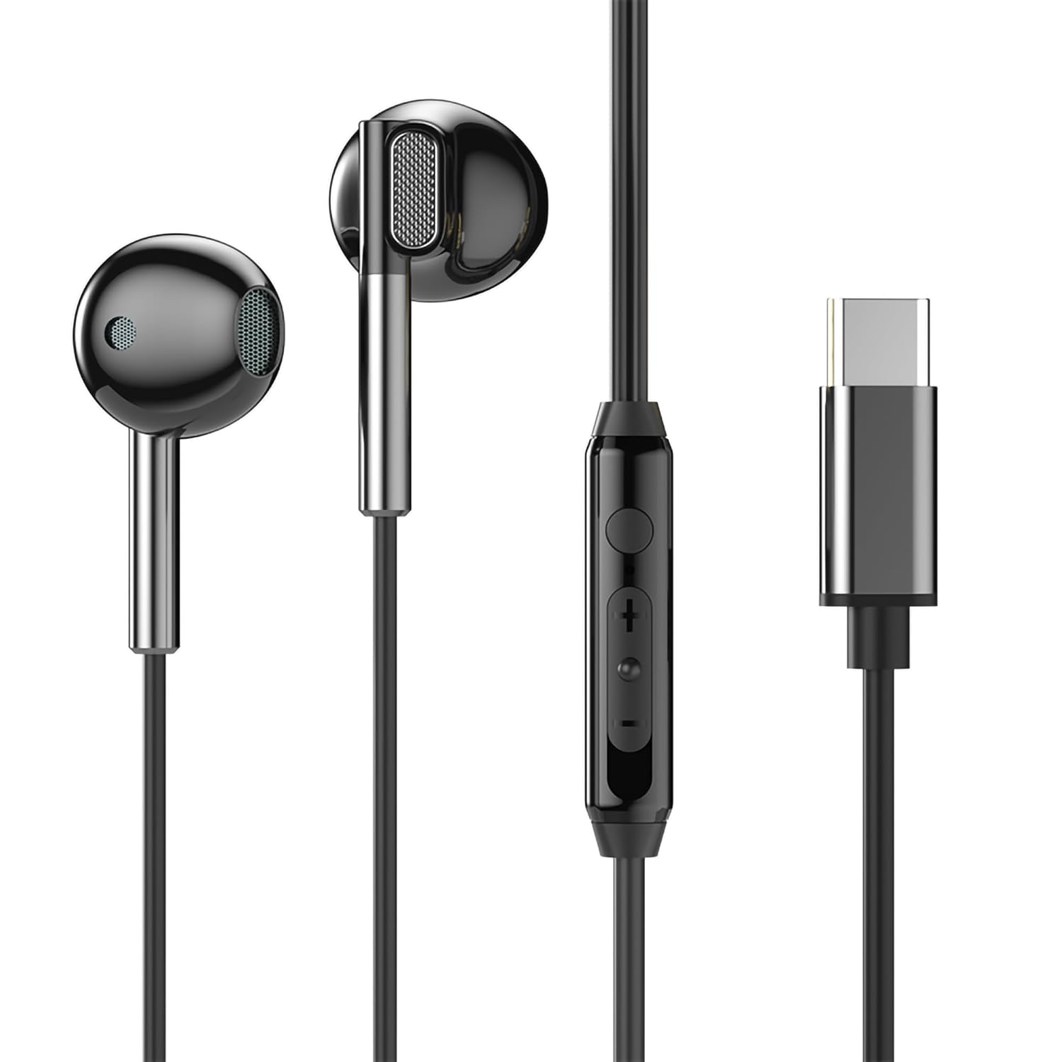 Black earphones with USB-C connector on a white background
