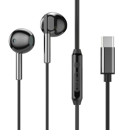 Black earphones with USB-C connector on a white background