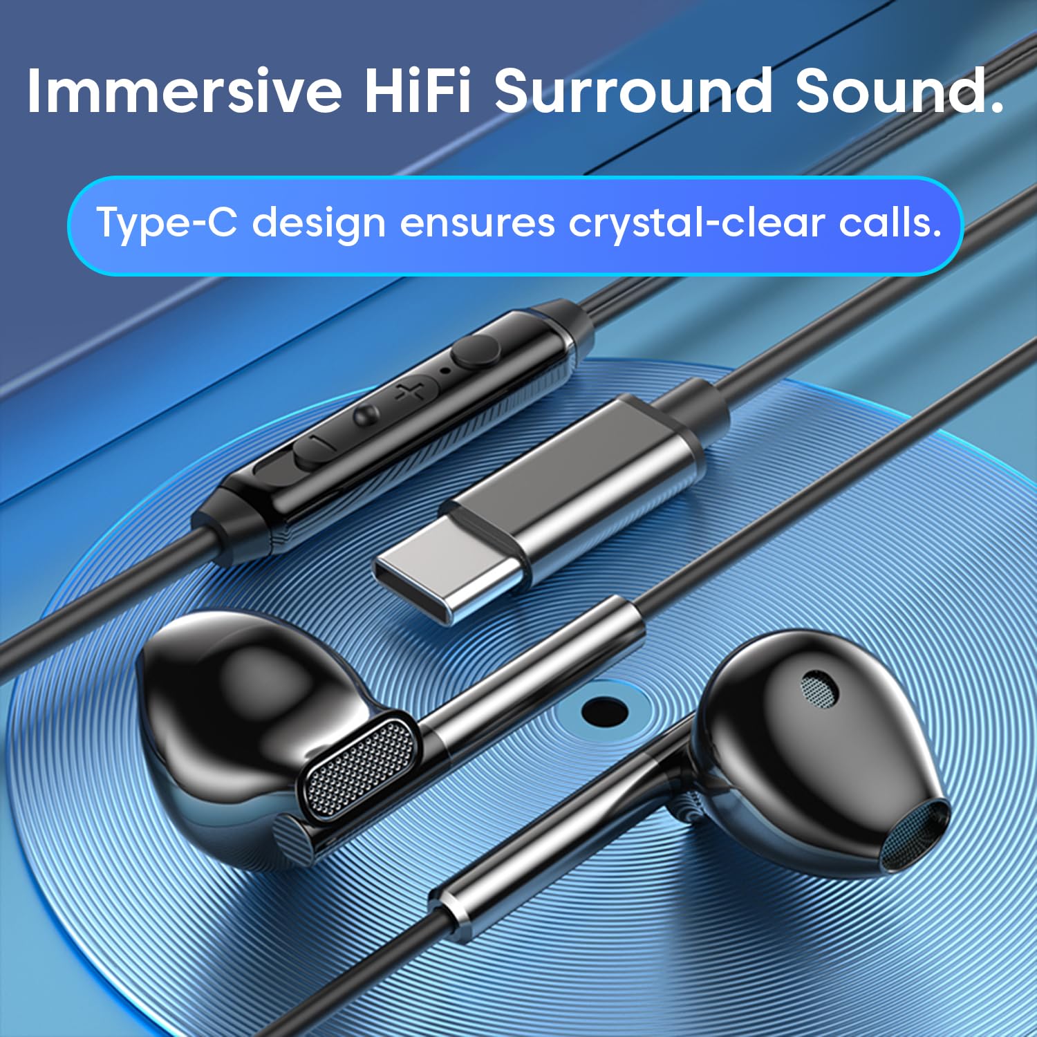 Sounce Type-C Wired Earphones with Mic | 14.2mm Dynamic Driver | HD Sound, Anti-Tangle Cable, Comfortable Fit (Black,White)