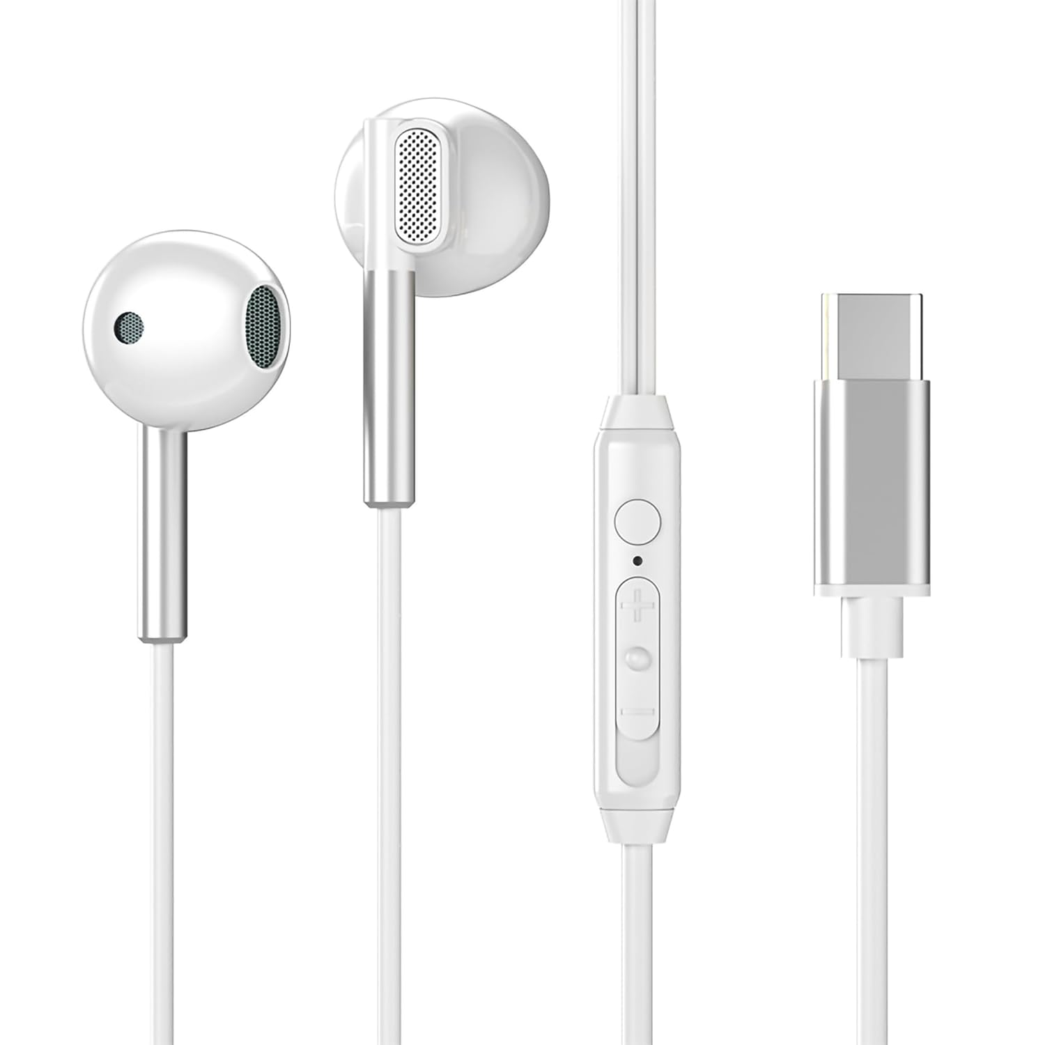 Silver earphones with USB-C connector on a white background