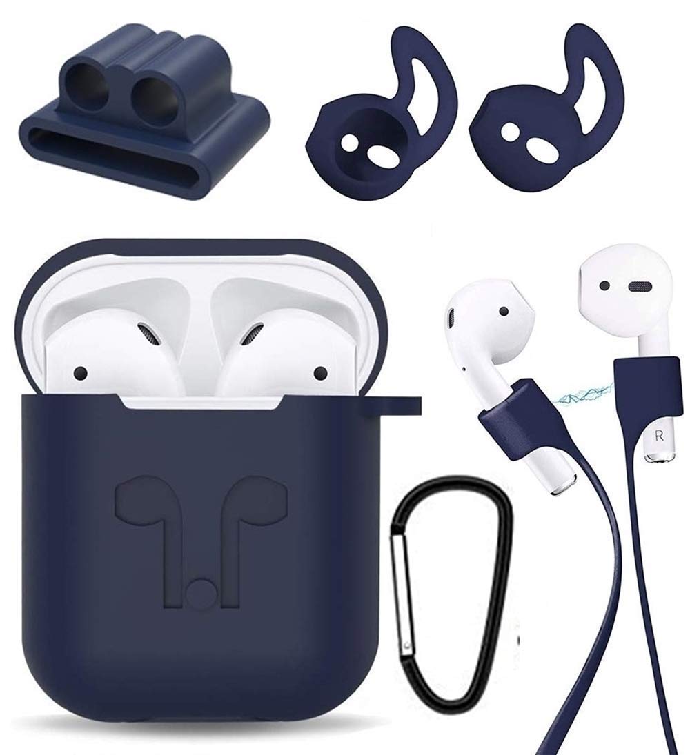 [AIRPODS Cover Set ONLY] Sounce Silicon Soft Shock Proof Protective AirPods Case 5-in-1 Set Sleeve Skin Cover with Anti Lost Strap + Keychain + Earplug + Strap Holder for Apple AirPods Case Cover
