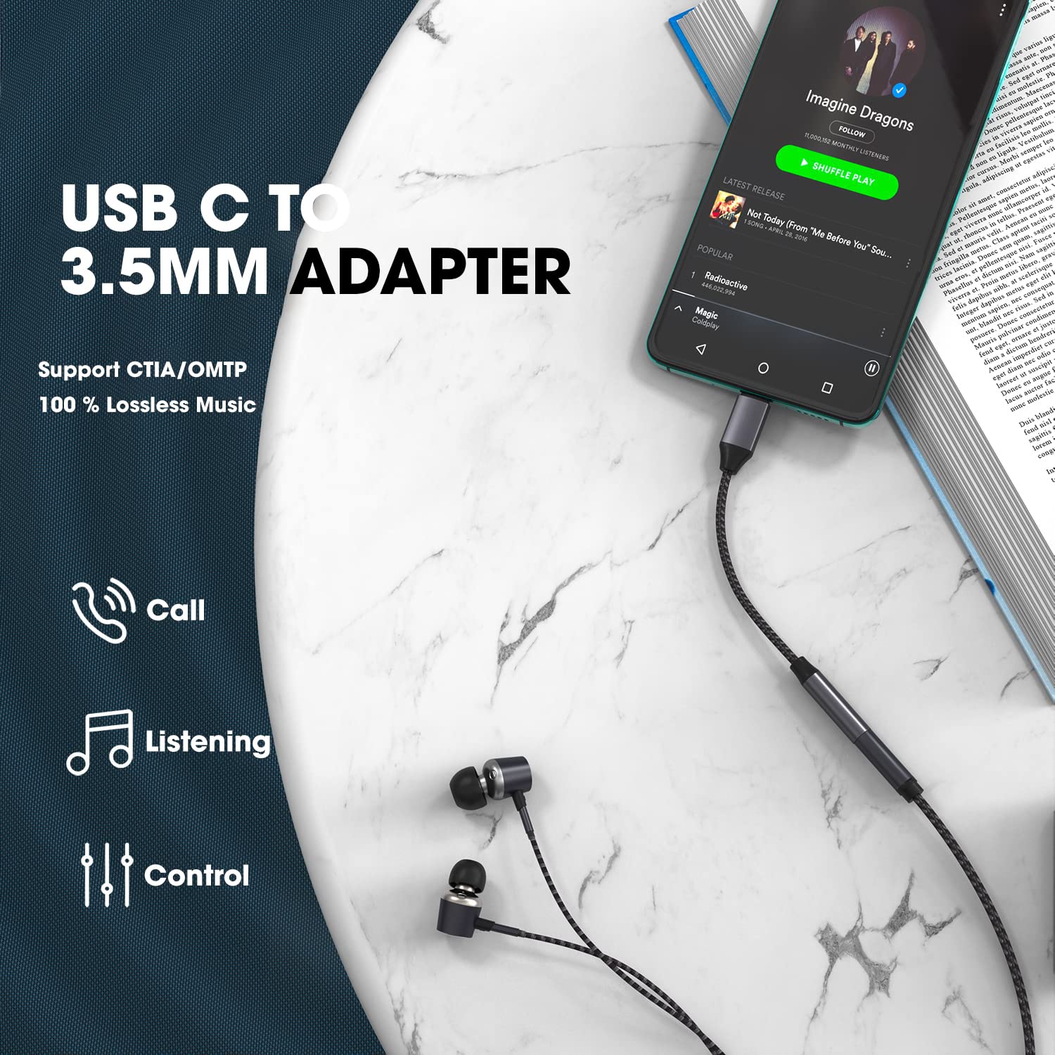 USB C to 3.5mm Headphone Jack Adapter with DAC Chipset, Nylon Braided Type C /USB C to 3.5mm Audio Adapter for Motorola Moto Z Series (Black) 