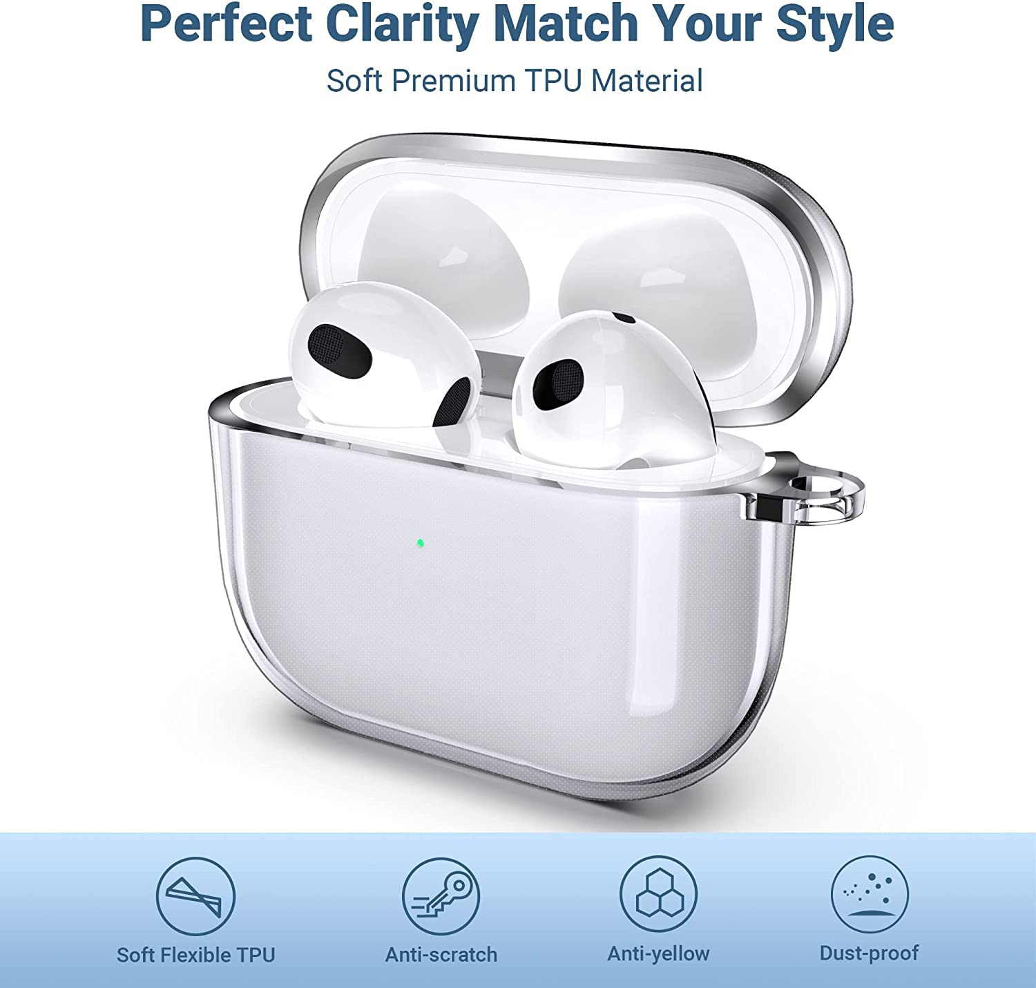 Sounce Compatible with AirPods 3 Case Clear, Shockproof Transparent Designed Soft TPU Protective Cover with Keychain for AirPods 3rd Generation 2021 [Front Led Visible]- Clear