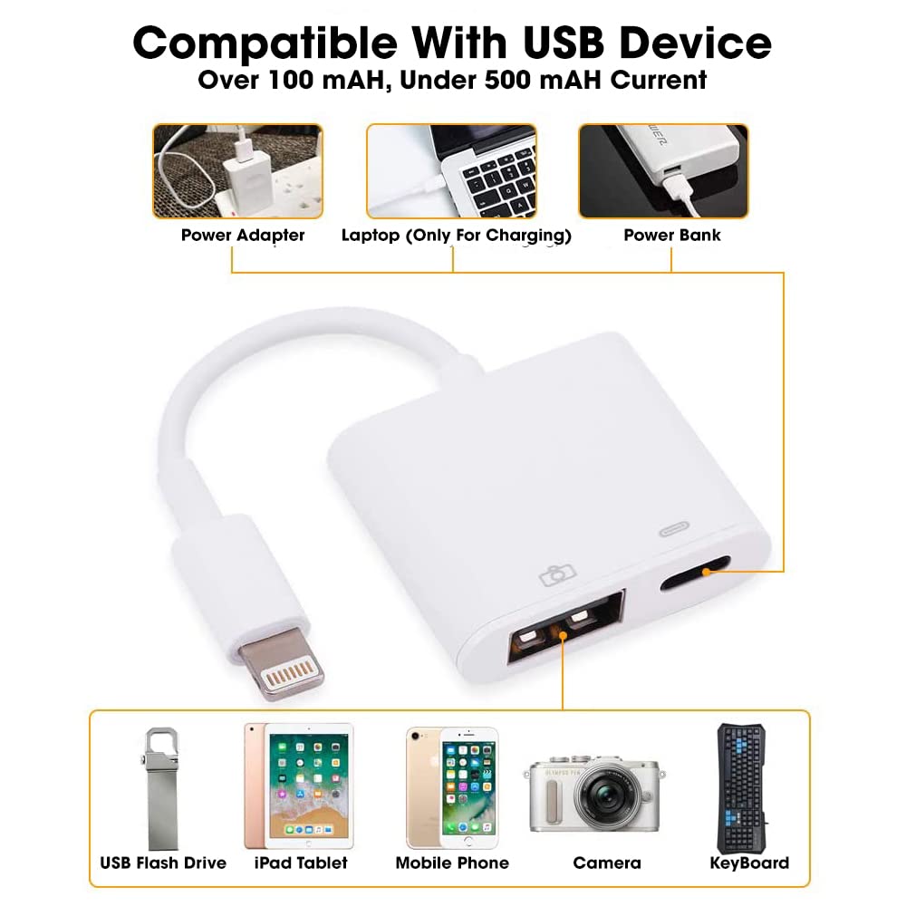 USB + 3.5mm AUX Adapter for iPhone/iPad, USB Camera Adapter and 3.5mm  Headphone Audio Jack Adapter with iPhone Charger Splitter, 3 in 1 USB OTG