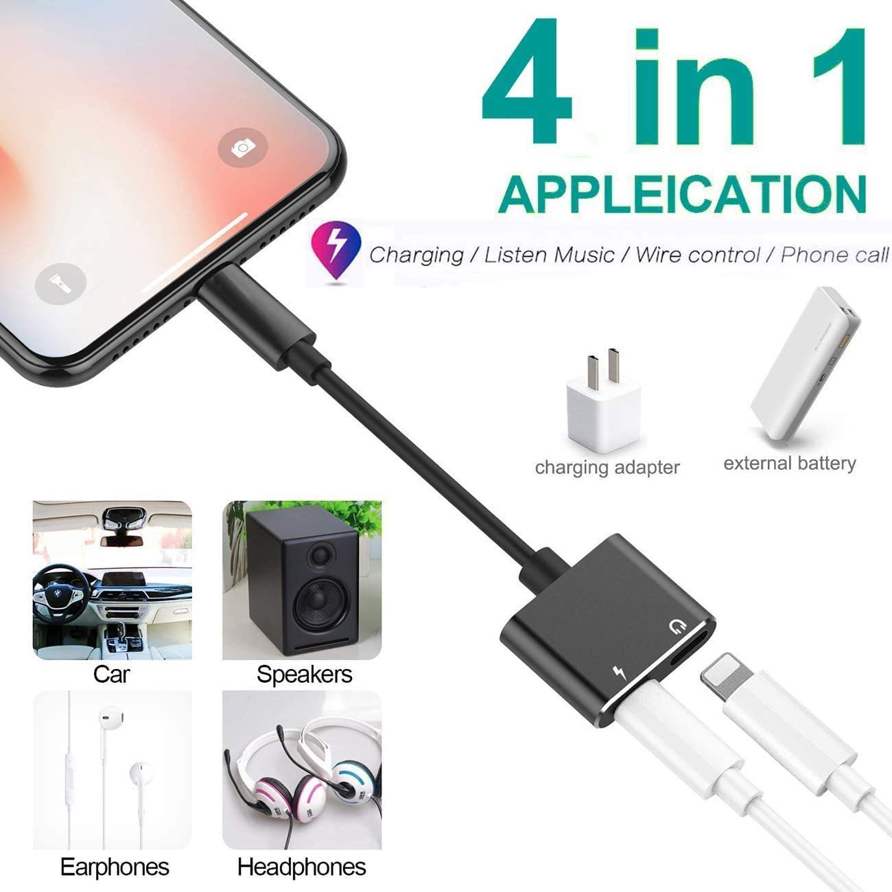 Sounce 2 in1 Splitter Earphone Converter and Phone Charging and Audio Compatible for Phone Audio for Phone 11 X 7 8 Plus & OS Compatible - Black