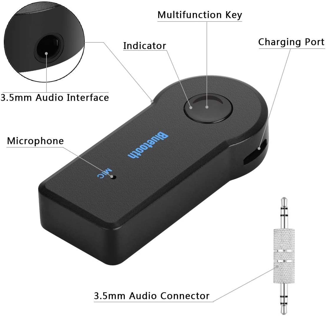 Bluetooth Receiver, Smallest USB Wireless Audio Bluetooth 5.0 Adapter with  3.5mm AUX for Car/Home Stereo Music Streaming; Auto On, No Charging Needed  - Car Kit (Black) 