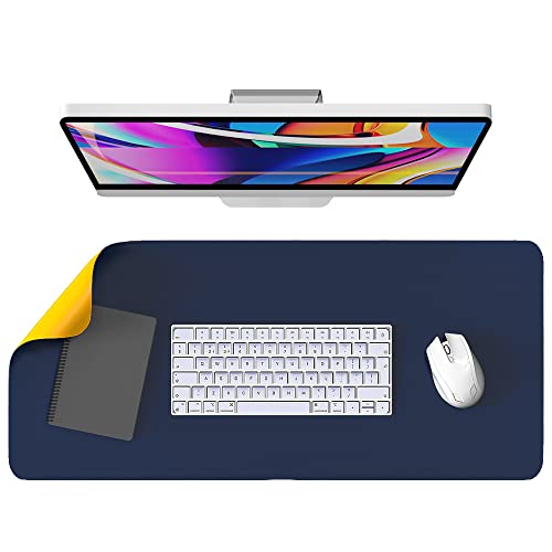 Sounce Vegan PU Leather Mouse Pad, Extended Desk Mat for Work from Home/Office/Gaming, Reversible Anti-Slip, Design Water Resistant Desk Spread (35 Inch * 17.7 Inch Navy Blue and Yellow Ochre)