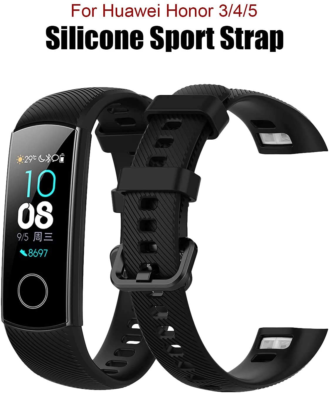 Sounce Adjustable Honor Band 4/ Honor Band 5 Watch Silicone Strap Band Bracelet (Black)