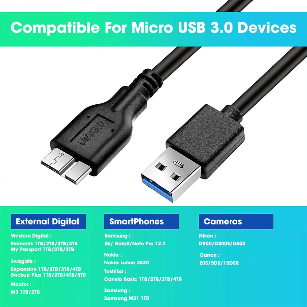 Sounce 6 in Short Slim USB 3.0 A to Micro B Cable M/M - Mobile Charge Sync USB 3.0 Micro B Cable for Portable HHD, Smartphones, and Tablets