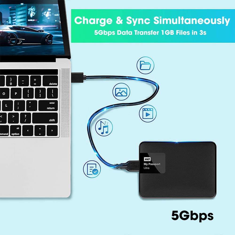Sounce 6 in Short Slim USB 3.0 A to Micro B Cable M/M - Mobile Charge Sync USB 3.0 Micro B Cable for Portable HHD, Smartphones, and Tablets