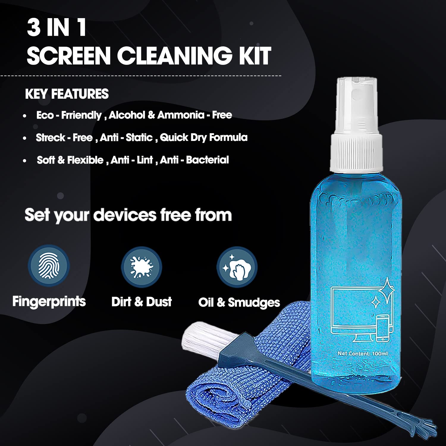 3in1 Screen Cleaning Kit for Laptops, Mobiles, LCD, LED, Computers